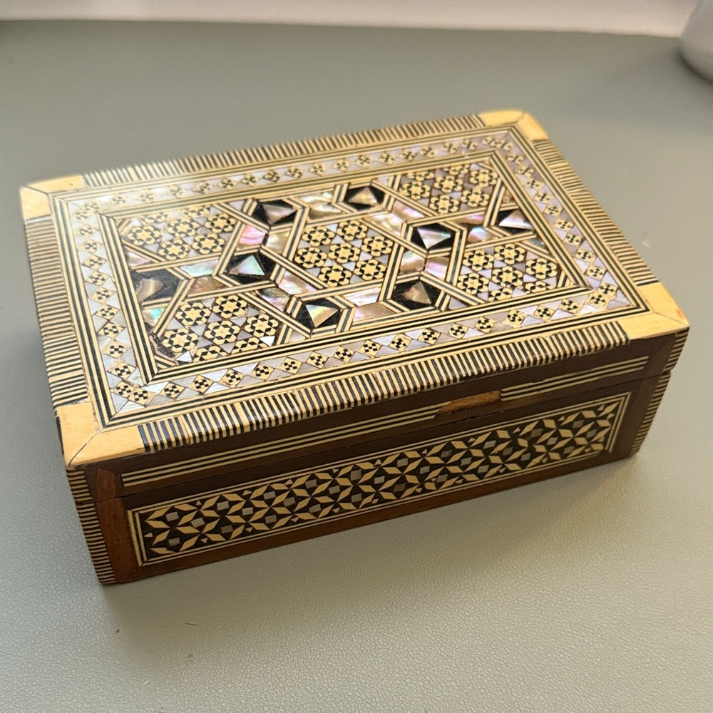 Middle eastern vintage handmade mosaic inlaid mother of pearl jewelry box